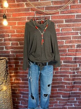 👚 Green Envelope Cowl Neck Dolman Sweater – Army Green – Sz L